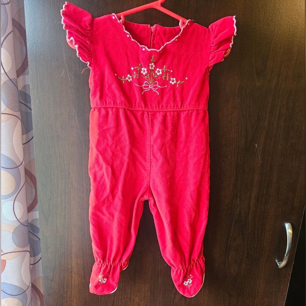 Vintage 90s Red Baby Romper with Floral Embroidery Size 6 to 9 Months